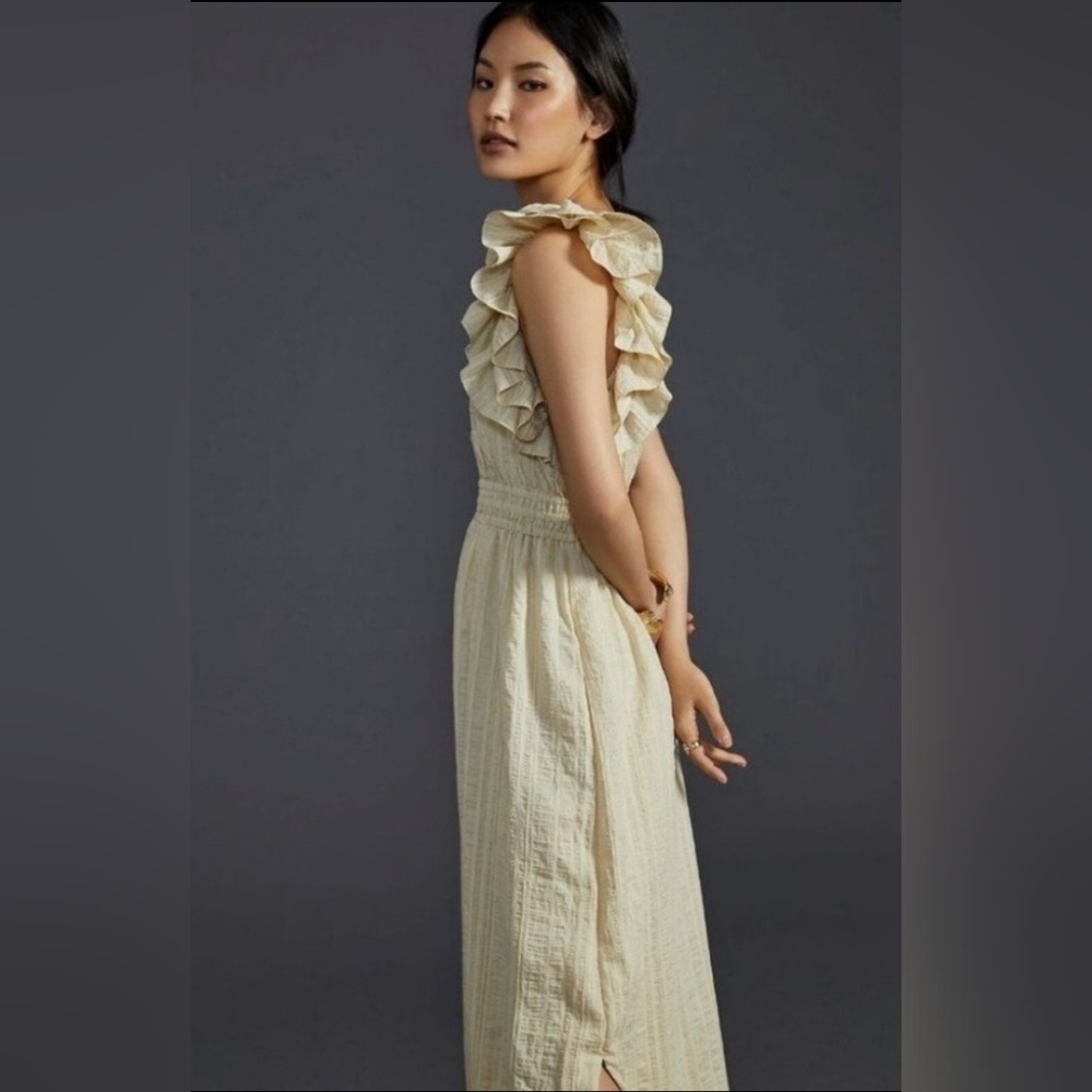 Anthropologie Cream Ruffle-Sleeve Maxi Dress